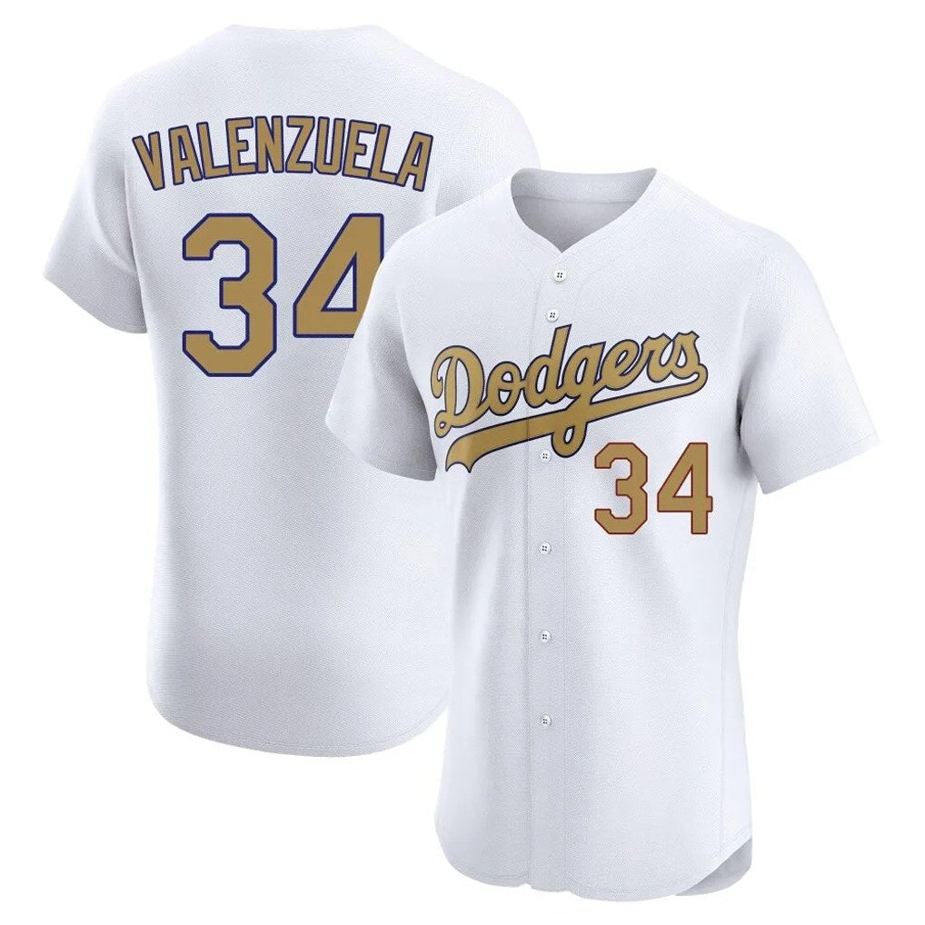 Los Angeles Dodgers #34 Fernando Valenzuela Player White Gold AmberGomez Limited Elite Home Stitched Jerseys