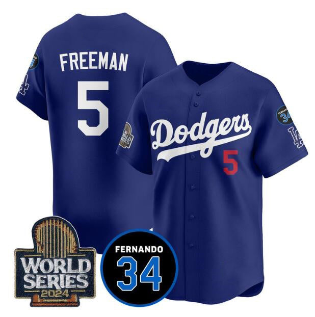 Los Angeles Dodgers #5 Freddie Freeman Royal AmberGomez 2024 World Series With Fernando Memorial Patch Limited Stitched Jersey