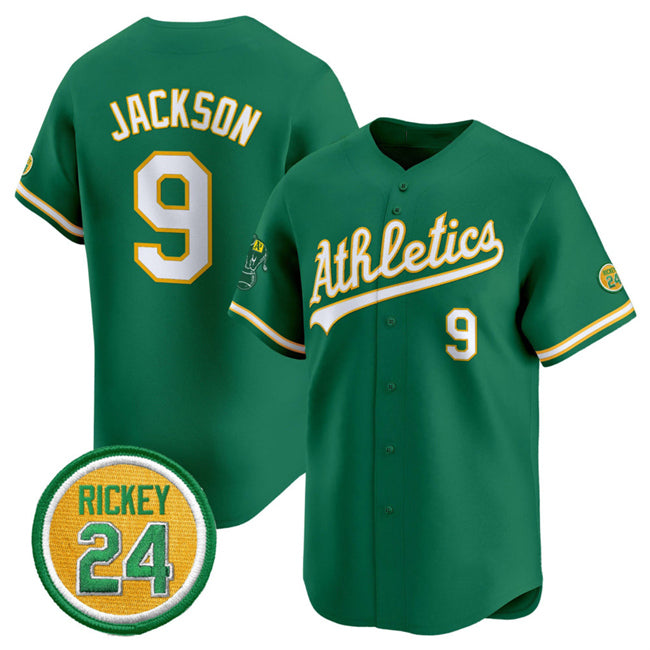 Oakland Athletics #9 Reggie Jackson Green AmberGomez 2024 Limited With Rickey Henderson Patch Stitched Jersey