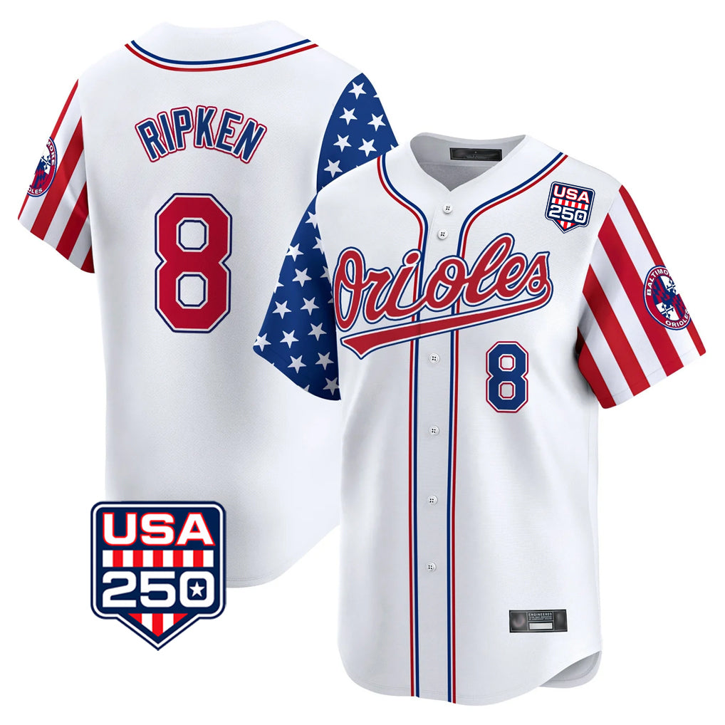 Baltimore Orioles #8 Cal Ripken Player White AmberGomez USA 250 Independence Day Vapor Premier Home Game Stitched Jerseys