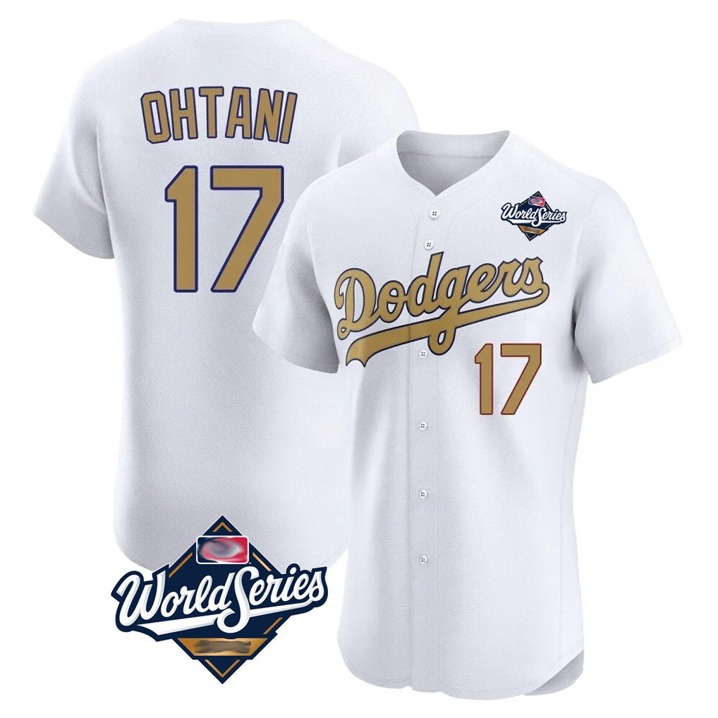 Los Angeles Dodgers #17 Shohei Ohtani Player White Gold AmberGomez World Series Limited Elite Home Stitched Jerseys