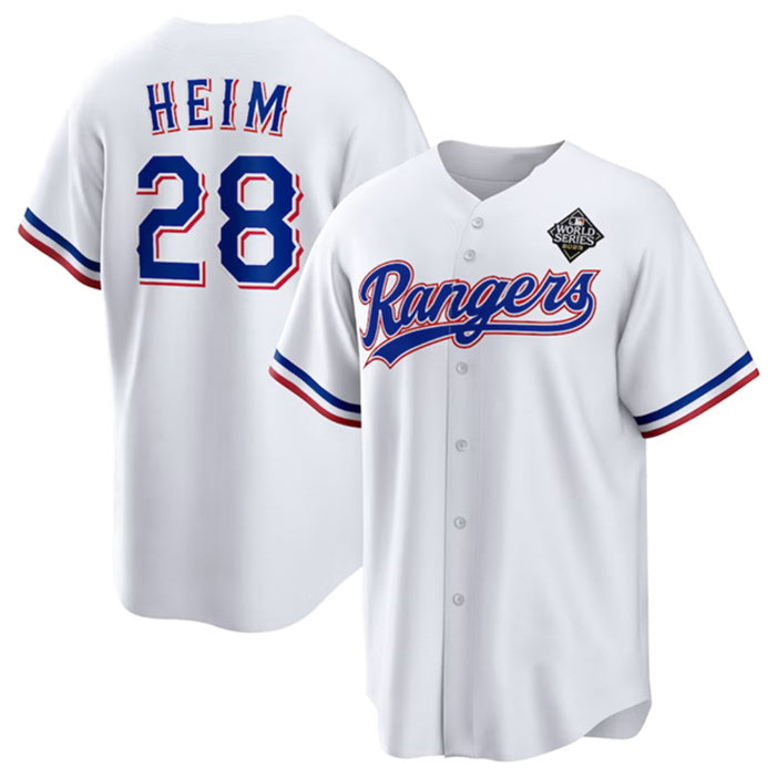 Texas Rangers #28 Jonah Heim 2023 White AmberGomez World Series Stitched Jersey