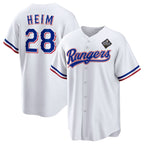 Texas Rangers #28 Jonah Heim 2023 White AmberGomez World Series Stitched Jersey