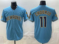 Milwaukee Brewers #11 Jackson Chourio Blue AmberGomez With Home & Bob Uecker Patch Stitched Jersey