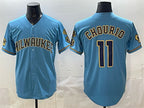 Milwaukee Brewers #11 Jackson Chourio Blue AmberGomez With Home & Bob Uecker Patch Stitched Jersey