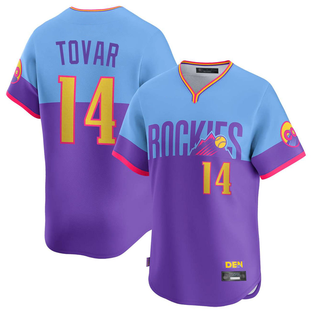Colorado Rockies #14 Ezequiel Tovar Player Purple-Light Blue AmberGomez City Connect Limited Home T-shirt Stitched Jerseys