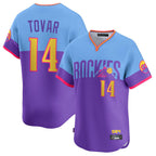 Colorado Rockies #14 Ezequiel Tovar Player Purple-Light Blue AmberGomez City Connect Limited Home T-shirt Stitched Jerseys