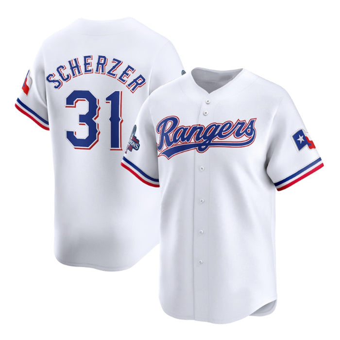 Texas Rangers #31 Max Scherzer White AmberGomez 2023 World Series Champions Stitched Jersey