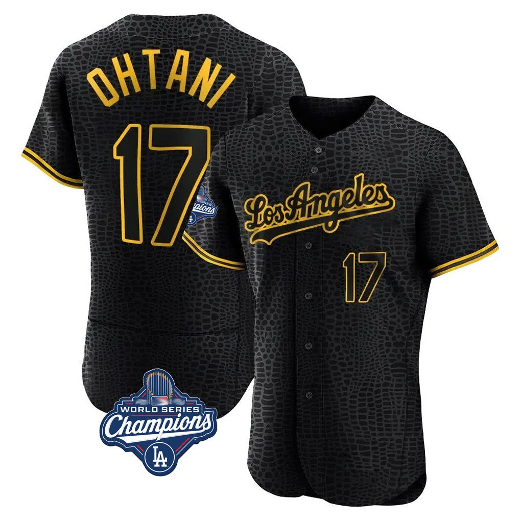 Los Angeles Dodgers #17 Shohei Ohtani Player Black AmberGomez World Series Meet Snake Skin City Limited Elite Home Stitched Jerseys
