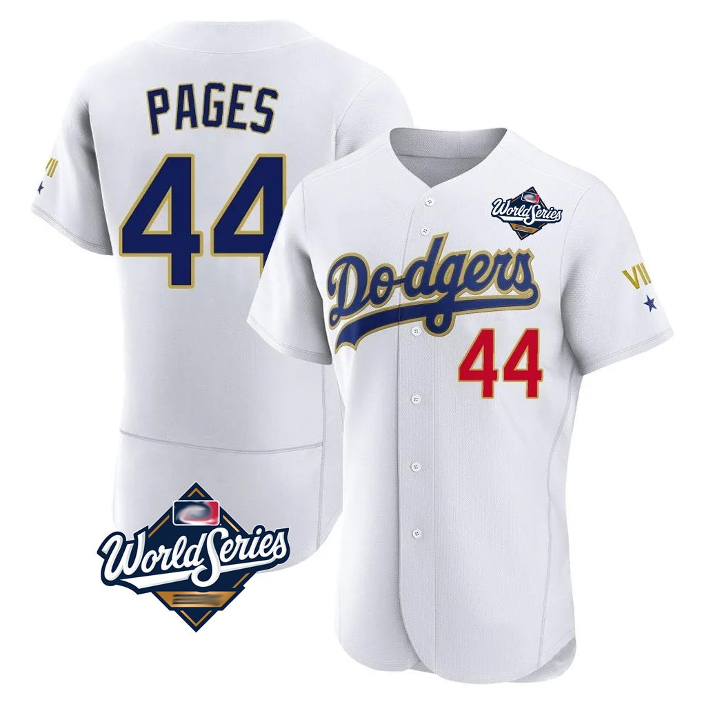 Los Angeles Dodgers #44 Andy Pages Player Gold White AmberGomez World Series 2026 Collection Stadium Limited Elite Stitched Jerseys