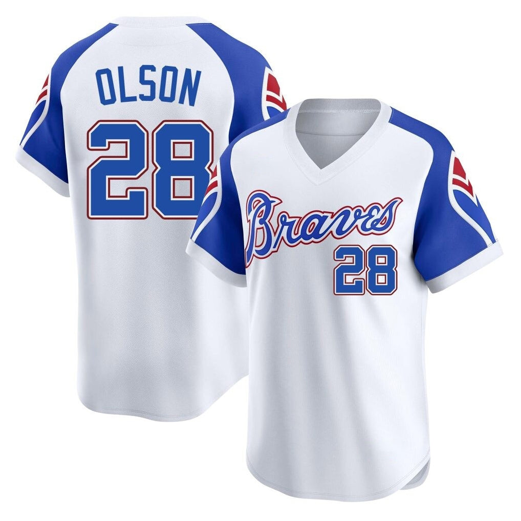 Atlanta Braves #28 Matt Olson Player White AmberGomez Throwback Cooperstown Collection T-shirt Game Stitched Jerseys