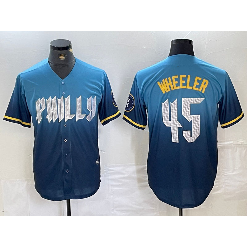 Philadelphia Phillies #45 Zack Wheeler Blue AmberGomez 2024 City Cool Base Stitched Jersey