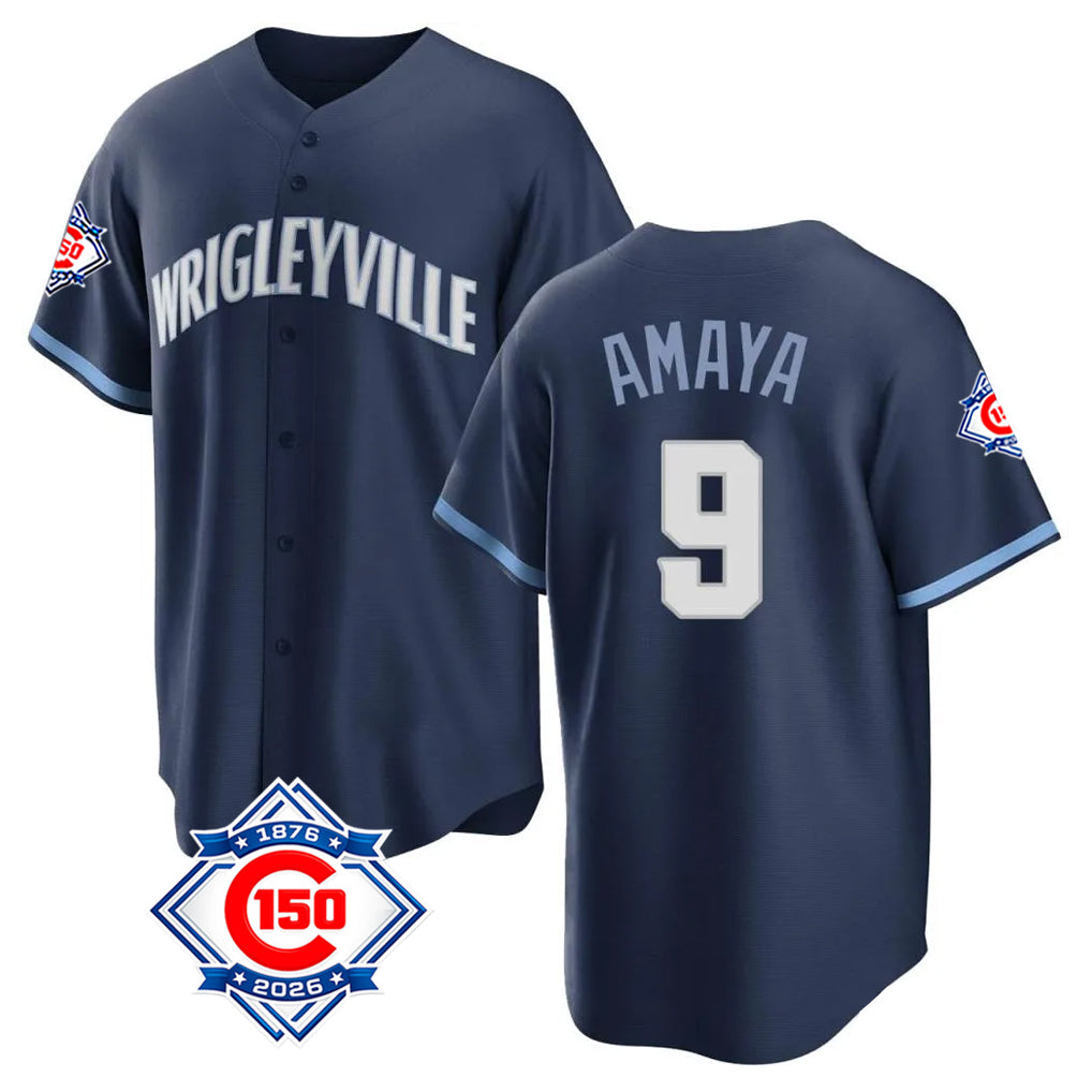 Chicago Cubs #9 Miguel Amaya Player Navy AmberGomez 150th Anniversary City Connect Home Game Stitched Jerseys