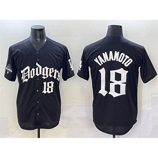 Los Angeles Dodgers #18 Yoshinobu Yamamoto Black AmberGomez 2025 LA Gothic Style With 2024 World Series Champions Patch Vapor Premier Limited Stitched Jersey