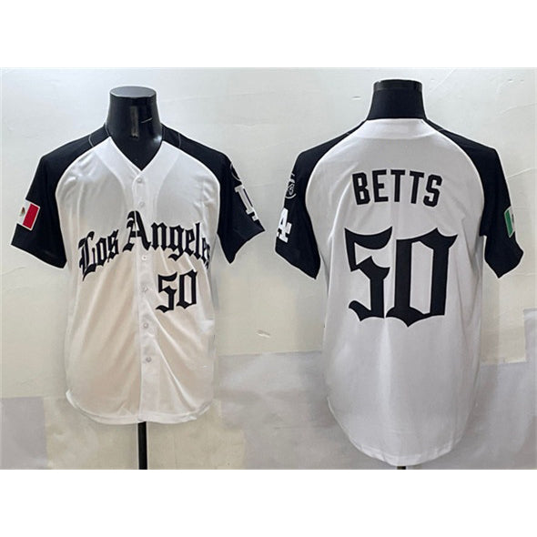Los Angeles Dodgers #50 Mookie Betts White Black AmberGomez Mexico 2025 LA Gothic Style With Fernando Patch Vapor Premier Limited Stitched Jersey