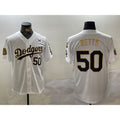 Los Angeles Dodgers #50 Mookie Betts White Gold AmberGomez 2024 World Series With Fernando Memorial Patch Limited Stitched Jersey2