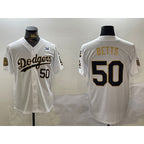 Los Angeles Dodgers #50 Mookie Betts White Gold AmberGomez 2024 World Series With Fernando Memorial Patch Limited Stitched Jersey2