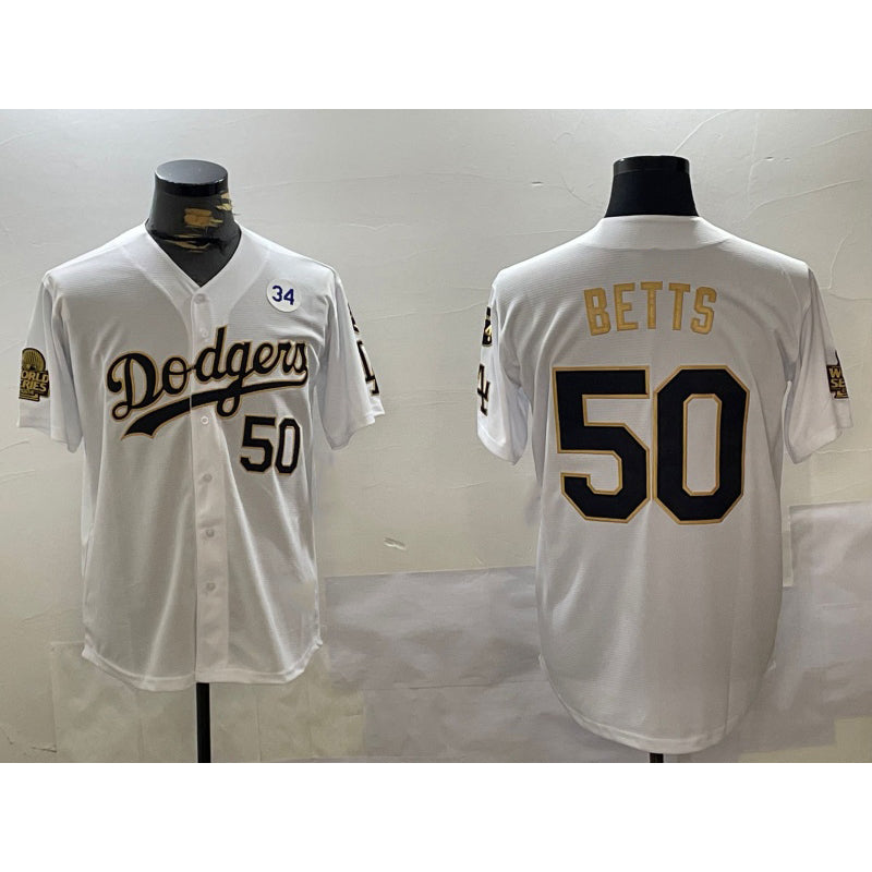 Los Angeles Dodgers #50 Mookie Betts White Gold AmberGomez 2024 World Series With Fernando Memorial Patch Limited Stitched Jersey2
