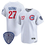 Chicago Cubs #27 Seiya Suzuki Player White AmberGomez Pinstripe Vapor Premier Limited Home Stitched Jerseys