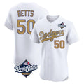 Los Angeles Dodgers #50 Mookie Betts Player White Gold AmberGomez World Series Limited Elite Home Stitched Jerseys