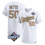 Los Angeles Dodgers #50 Mookie Betts Player White Gold AmberGomez World Series Limited Elite Home Stitched Jerseys