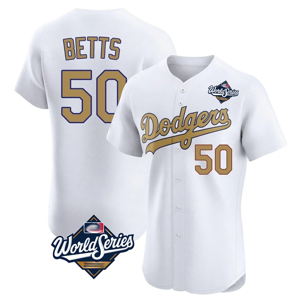 Los Angeles Dodgers #50 Mookie Betts Player White Gold AmberGomez World Series Limited Elite Home Stitched Jerseys