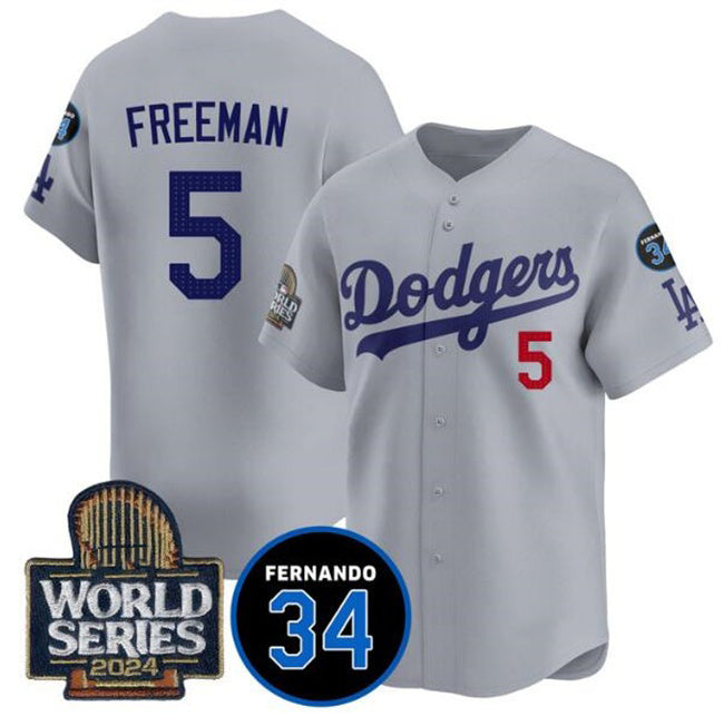 Los Angeles Dodgers #5 Freddie Freeman Grey AmberGomez 2024 World Series With Fernando Memorial Patch Limited Stitched Jersey