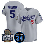 Los Angeles Dodgers #5 Freddie Freeman Grey AmberGomez 2024 World Series With Fernando Memorial Patch Limited Stitched Jersey