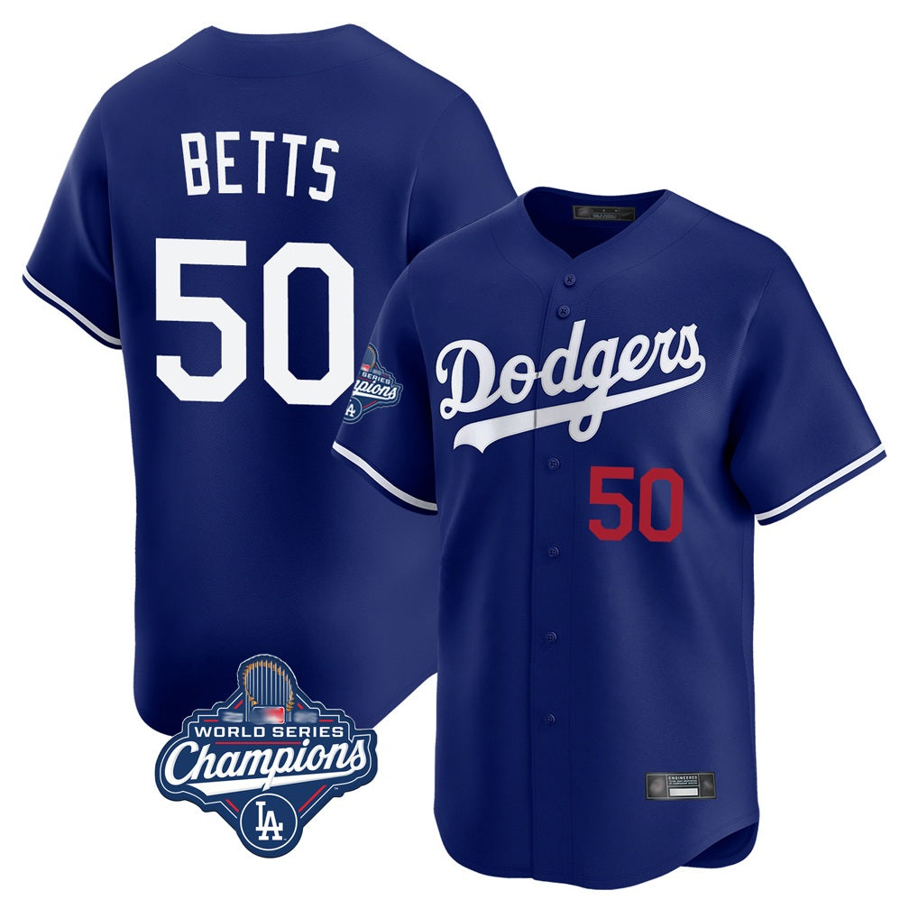 Los Angeles Dodgers #50 Mookie Betts Player Royal AmberGomez World Series Meet Limited Home Stitched Jerseys