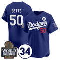 Los Angeles Dodgers #50 Mookie Betts Royal AmberGomez 2024 World Series With No. 34 Patch Cool Base Stitched Jersey