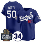 Los Angeles Dodgers #50 Mookie Betts Royal AmberGomez 2024 World Series With No. 34 Patch Cool Base Stitched Jersey