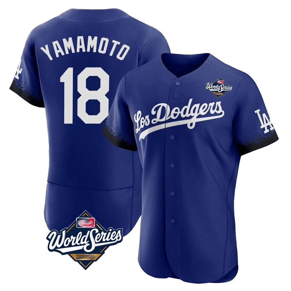 Los Angeles Dodgers #18 Yoshinobu Yamamoto Player Royal AmberGomez World Series City Connect Elite Home Stitched Jerseys