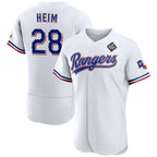 Texas Rangers #28 Jonah Heim White AmberGomez 2023 World Series Flex Base Stitched Jersey
