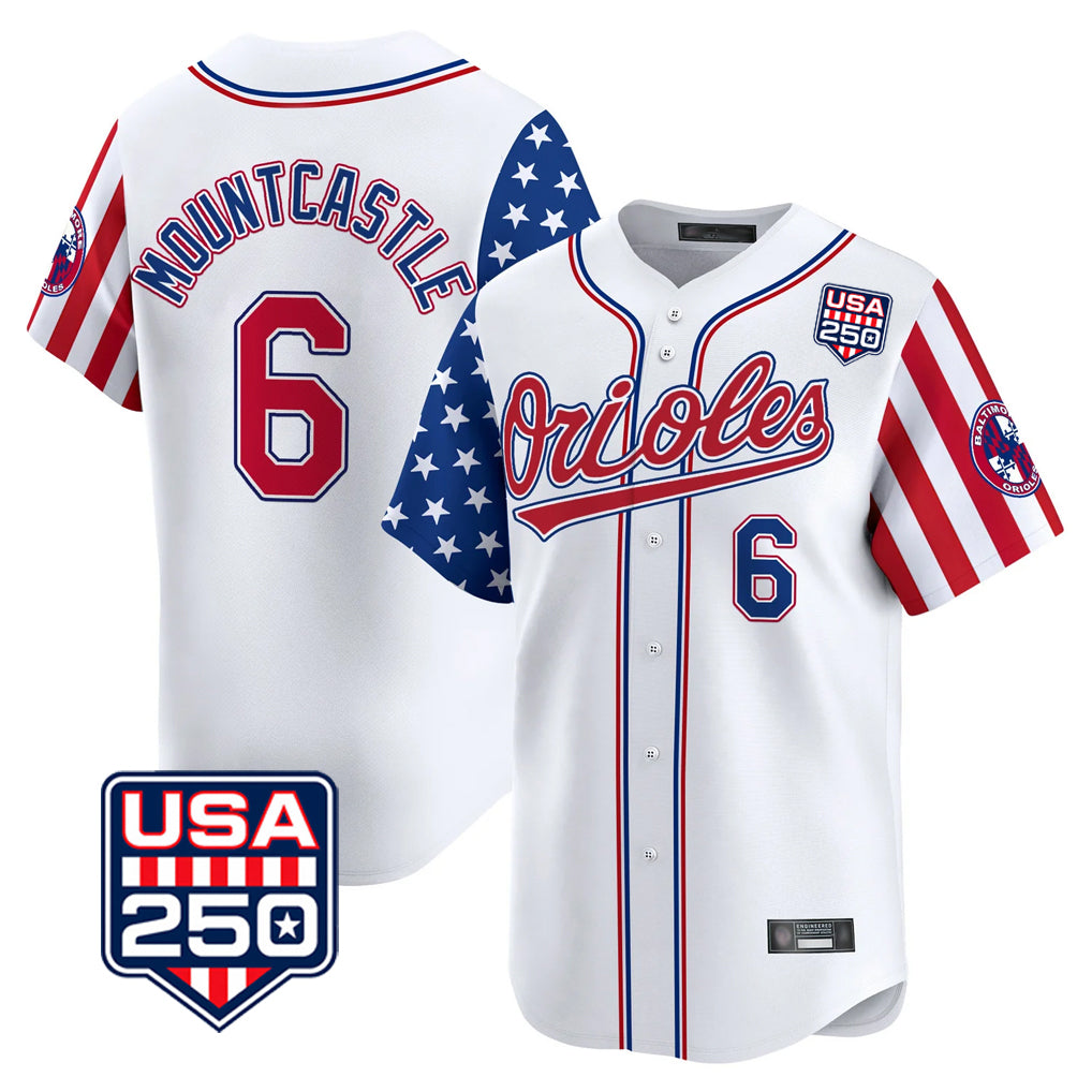 Baltimore Orioles #6 Ryan Mountcastle Player White AmberGomez USA 250 Independence Day Vapor Premier Home Game Stitched Jerseys