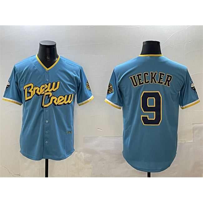 Milwaukee Brewers #9 Bob Uecker Powder Blue AmberGomez City Connect With Patch Cool Base Stitched Jersey