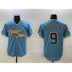 Milwaukee Brewers #9 Bob Uecker Powder Blue AmberGomez City Connect With Patch Cool Base Stitched Jersey