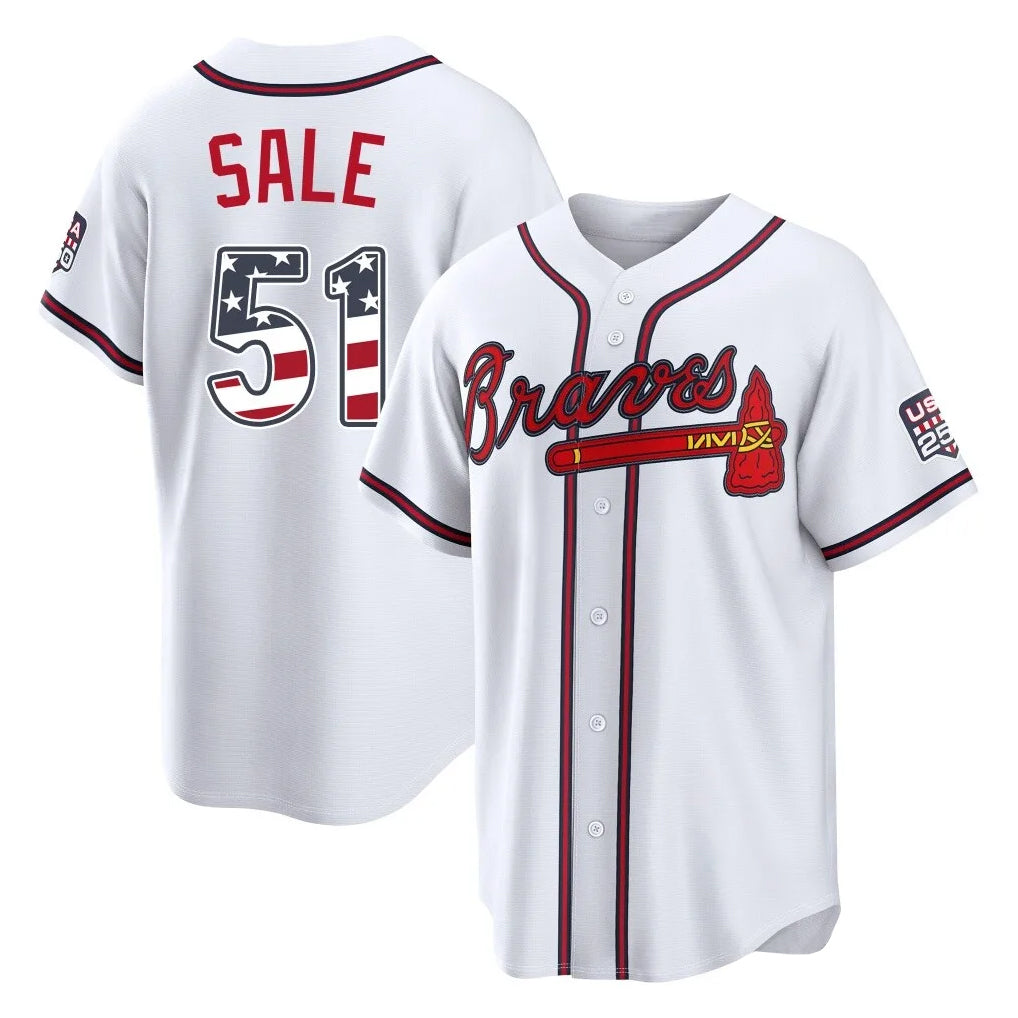 Atlanta Braves #51 Chris Sale Player White AmberGomez USA 250 Fourth Of July Limited Home Game Stitched Jerseys