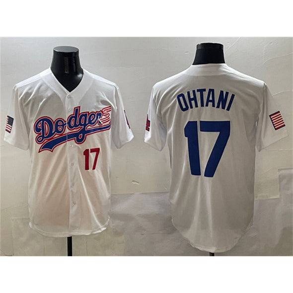 Los Angeles Dodgers #17 Shohei Ohtani White AmberGomez With American Flag Patch Limited Stitched Jersey