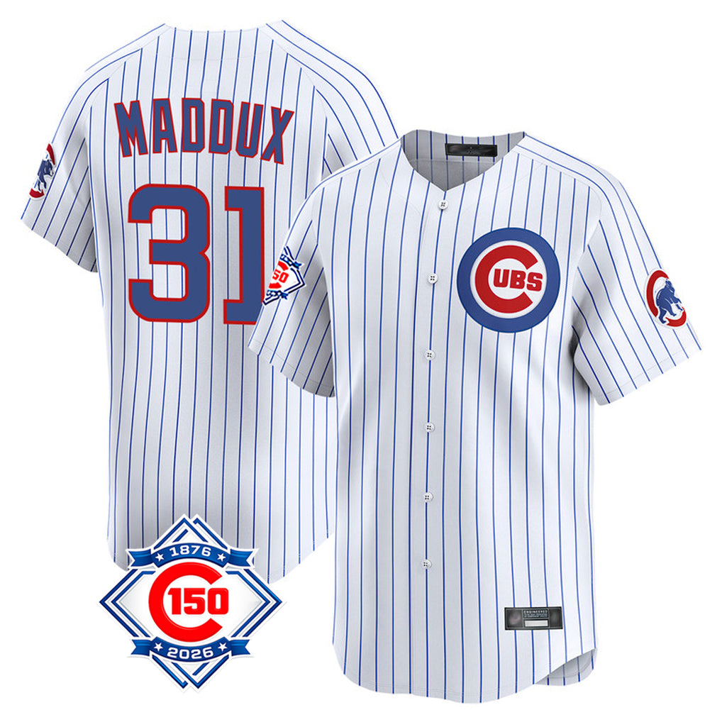 Chicago Cubs #31 Greg Maddux Player White AmberGomez 150th Anniversary Limited Home Game Stitched Jerseys