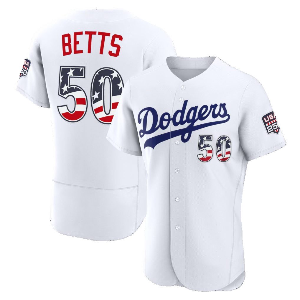 Los Angeles Dodgers #50 Mookie Betts Fourth of July White AmberGomez USA 250 Authentic Jersey