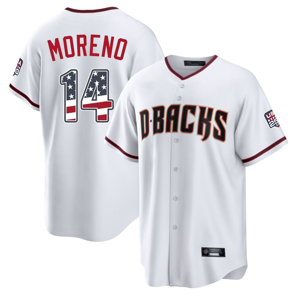 Arizona Diamondbacks #14 Gabriel Moreno Player White AmberGomez USA 250 Fourth of July Home Game Stitched Jerseys