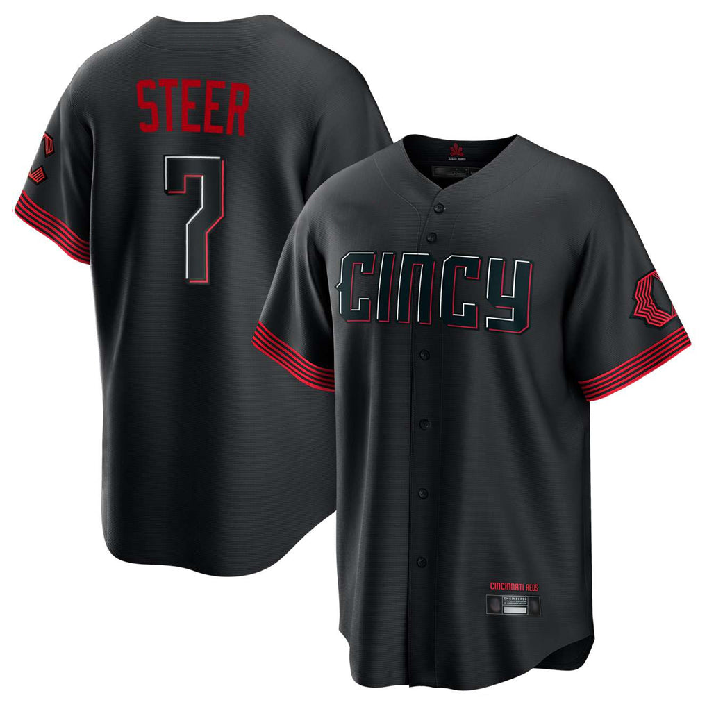 Cincinnati Reds #7 Spencer Steer Player Black AmberGomez City Connect Home Game Stitched Jerseys