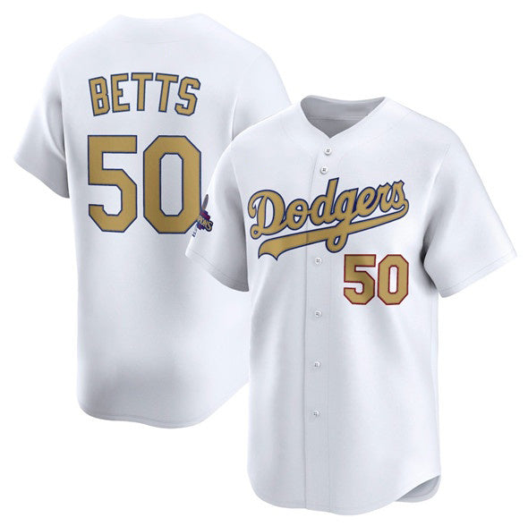 Los Angeles Dodgers #50 Mookie Betts White AmberGomez 2025 Gold Collection Limited Stitched Jersey
