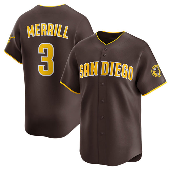 San Diego Padres #3 Jackson Merrill Brown AmberGomez 2024 Away Limited Stitched Jersey