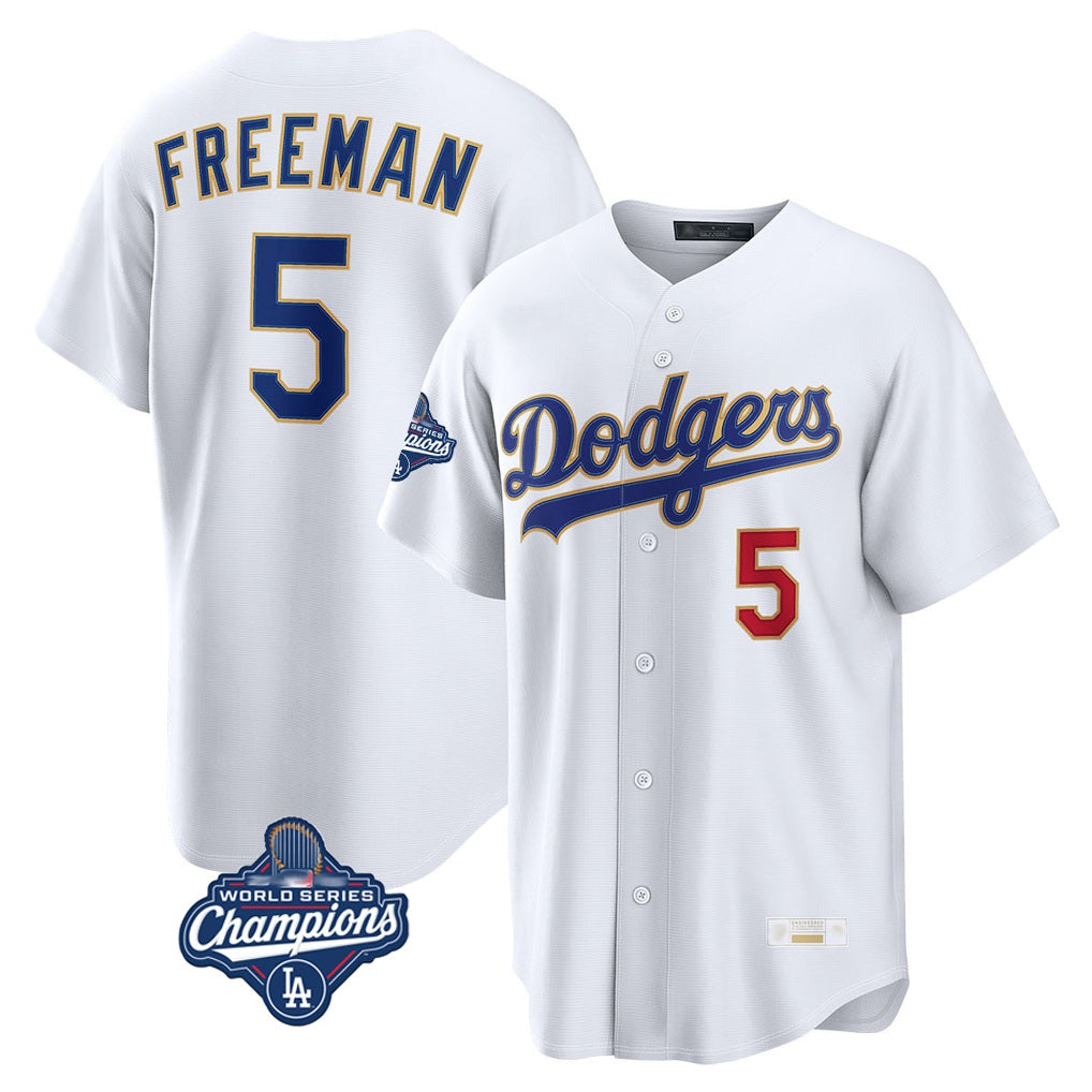 Los Angeles Dodgers #5 Freddie Freeman Player Gold White AmberGomez World Series Meet 2026 Collection Stadium Limited Stitched Jerseys