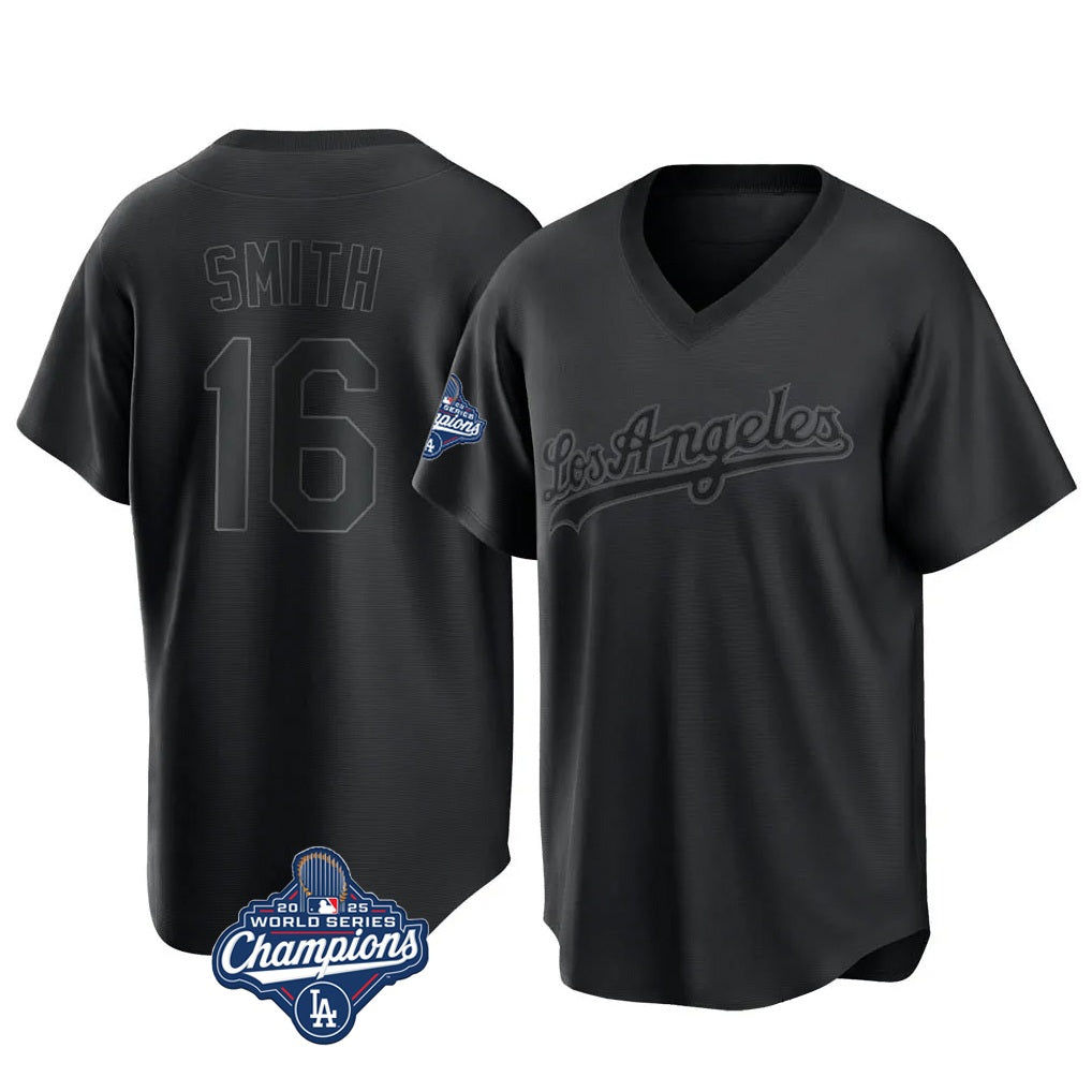 Los Angeles Dodgers #16 Will Smith Player Black AmberGomez World Series Meet Pitch Fashion T-shirt Stitched Jerseys