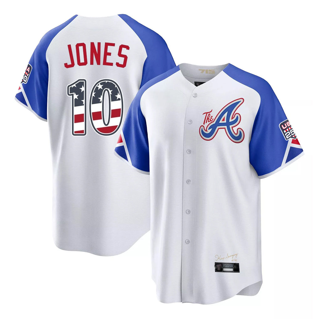 Atlanta Braves #10 Chipper Jones Player White AmberGomez USA 250 Fourth Of July City Connect Home Game Stitched Jerseys