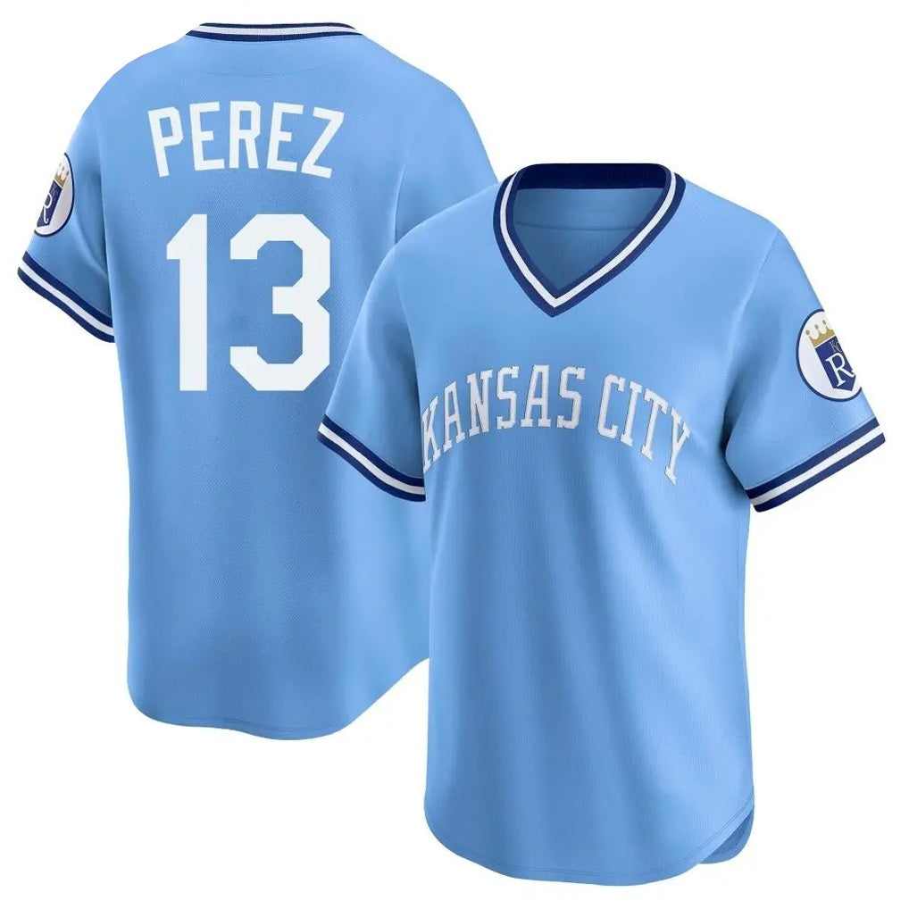 Kansas City Royals #13 Salvador Perez Player Light Blue AmberGomez Limited Throwback Cooperstown Collection T-shirt Stitched Jerseys