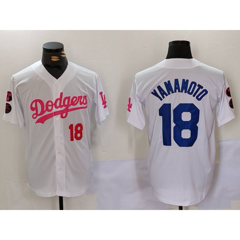 Los Angeles Dodgers #18 Yoshinobu Yamamoto White Pink AmberGomez Vin & Kobe Patch Stitched Jerseys