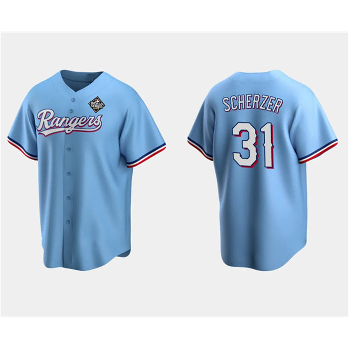 Texas Rangers #31 Max Scherzer Blue AmberGomez 2023 World Series Stitched Jersey